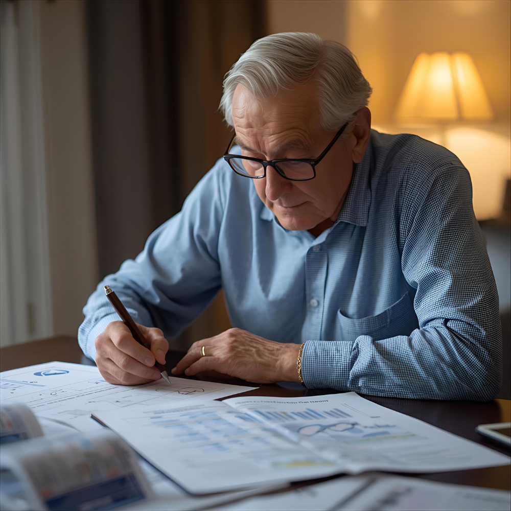 Senior reviewing plan paperwork at home