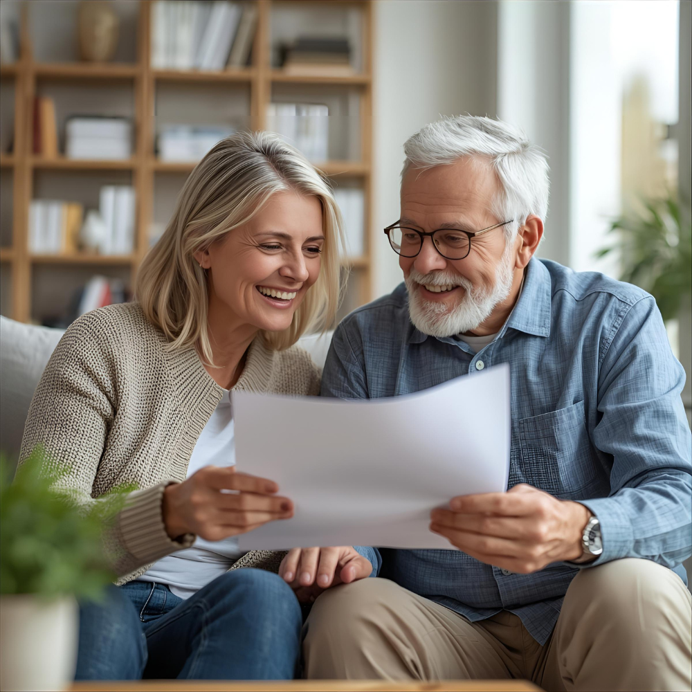 Smiling senior couple reviewing insurance options